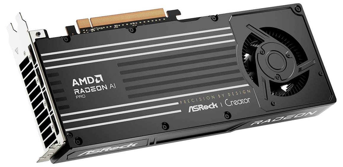 Eine schwarze ASRock-Grafikkarte mit der Bezeichnung „AMD Radeon AI Pro