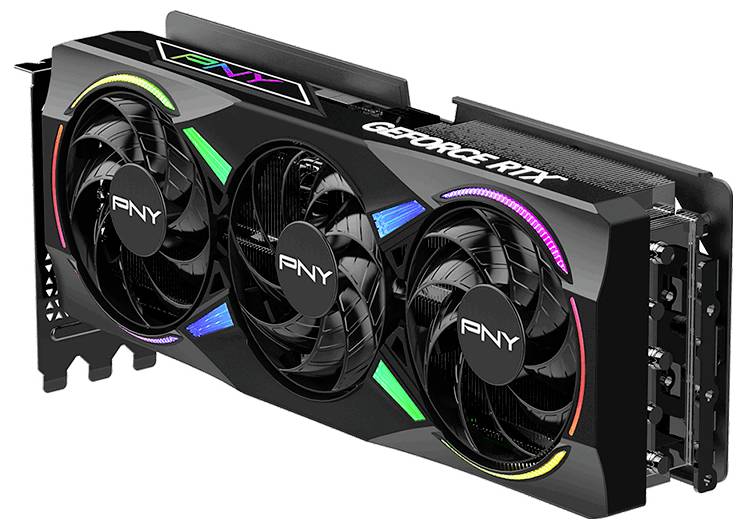 Eine schwarze PNY GeForce RTX Grafikkarte mit drei Kühlventilatoren und farbigen LED-Akzenten.