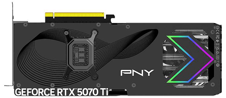 Eine PNY-Grafikkarte GeForce RTX 5070 Ti mit dunklem Design und farbenfrohen LED-Akzenten, die ihr elegantes Aussehen hervorheben.