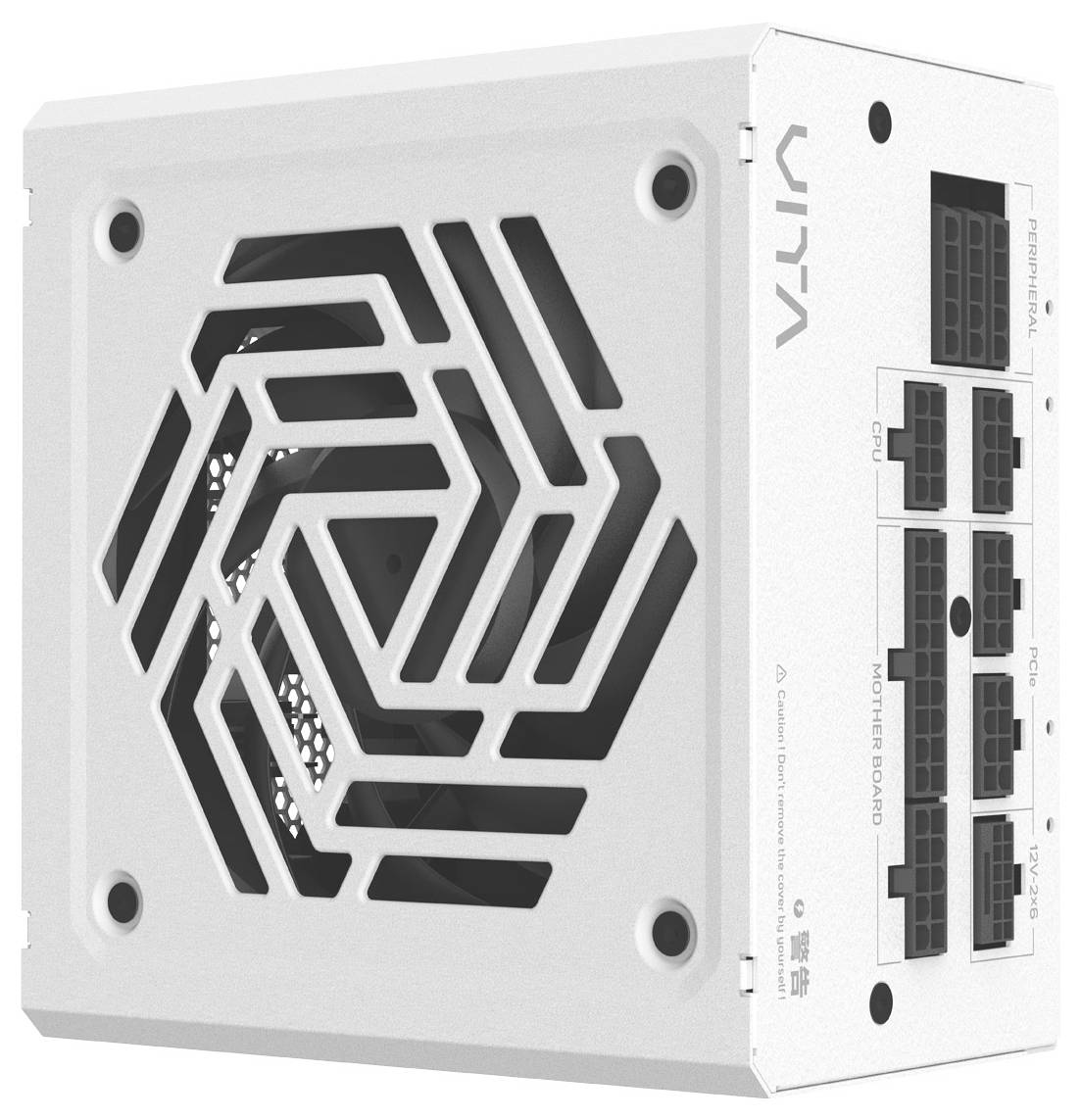 „Weiße VITA-Stromversorgungseinheit mit sichtbarem Lüftergitter und Anschlussports mit Beschriftungen für Peripherie, CPU, Motherboard und PCIe-Verbindungen.