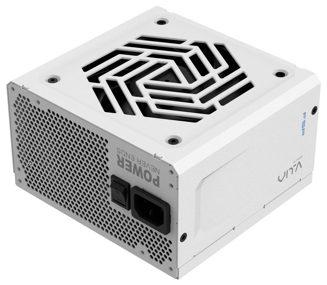 Ein weißes Computernetzteil mit schwarzem geometrischem Lüftergitter und Belüftungslöchern. Die Seite ist mit „Power Never Ends
