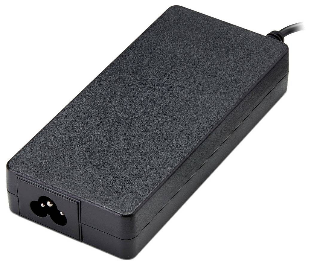 Ein rechteckiger schwarzer Stromadapter mit einem dreipoligen Stecker für Elektrizität, typischerweise für elektronische Geräte verwendet.