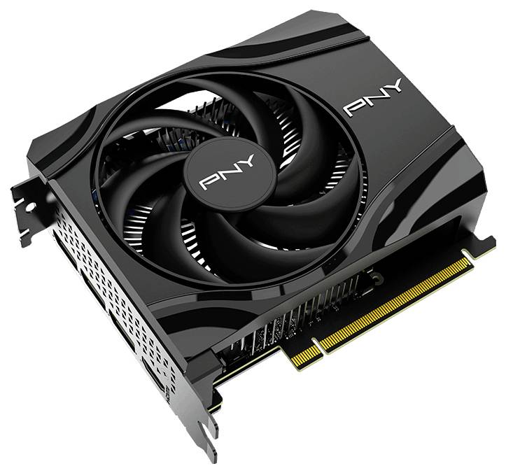 Eine schwarze PNY-Grafikkarte mit großem Lüfter und freigelegten goldenen Anschlüssen, entwickelt für Computer-Hardware-Upgrades oder Gaming-Leistung.