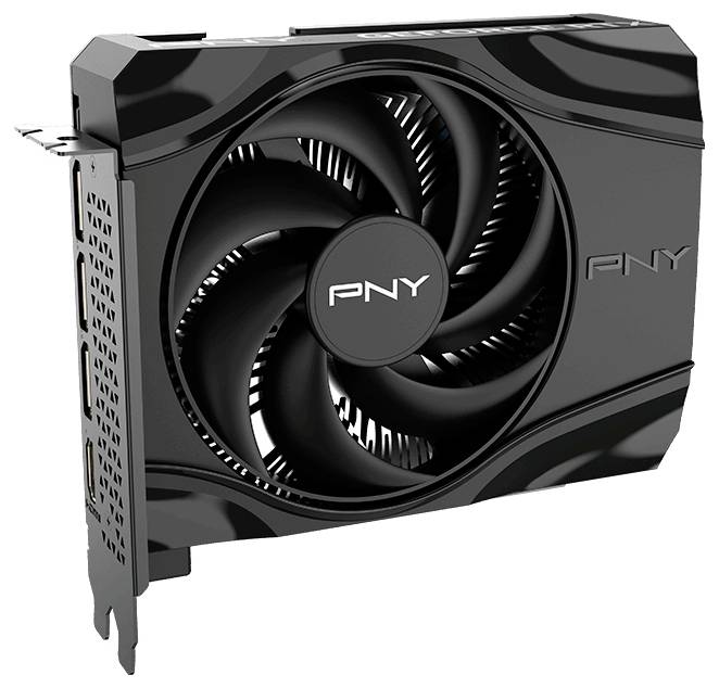 Eine schwarze PNY-Grafikkarte mit einem großen zentralen Lüfter, konzipiert zum Kühlen.