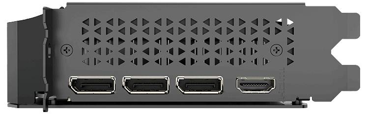 Grafikkarten-Anschlüsse an einem Computer: drei DisplayPorts und ein HDMI-Anschluss.