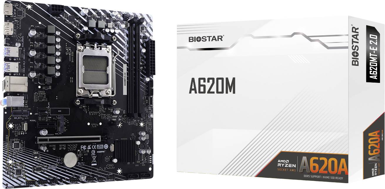 Biostar A620M Mainboard neben seiner Produktbox, gekennzeichnet mit 