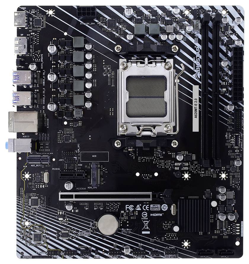 Motherboard für Computer mit Intel-CPU-Sockel, RAM-Steckplätzen, PCIe-Steckplatz und rückwärtigen E/A-Anschlüssen zum Zusammenbau eines PCs.