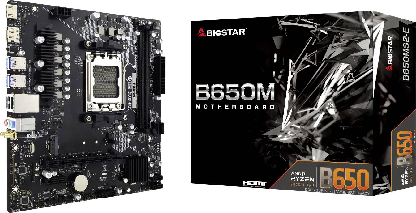 Biostar B650M Motherboard neben seiner Einzelhandelsbox gezeigt, mit der Beschriftung 