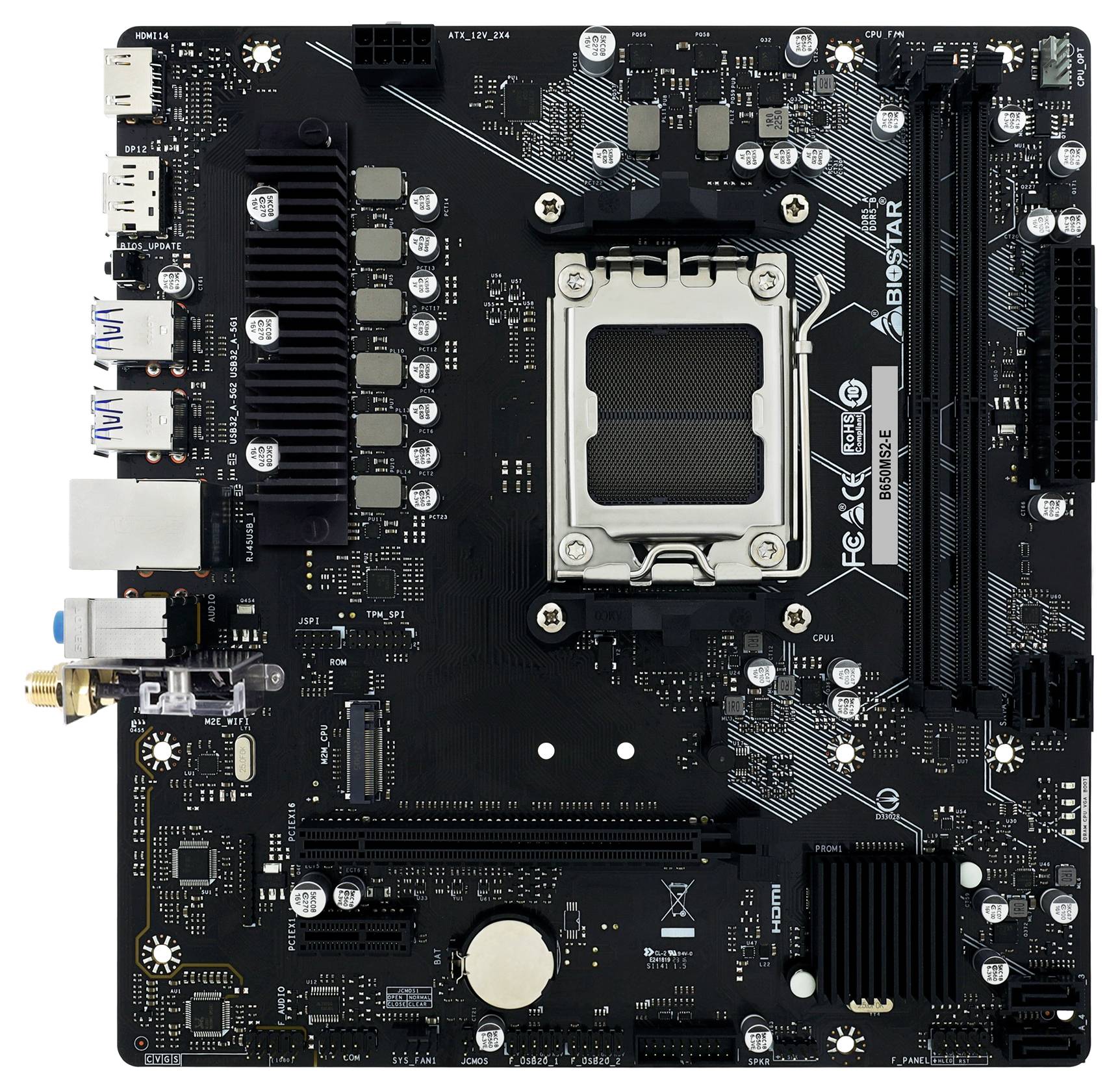 Schwarzes Biostar-Computermotherboard mit zentralem CPU-Sockel, RAM-Steckplätzen, PCIe-Steckplätzen, Kühlkörpern, rückseitigen Anschlüssen und Stromsteckern.