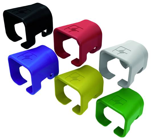 Sechs farbenfrohe, gebogene aufklippbare Abdeckungen oder Kappen auf weißem Hintergrund angeordnet: schwarz, rot, grau, blau, limonengrün und grün.