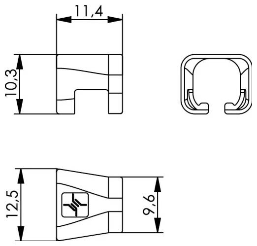 Technische Zeichnung eines kleinen U-förmigen Teils mit den Abmessungen 11,4, 10,3, 12,5 und 9,6 mm, dargestellt in Seiten- und Vorderansicht.