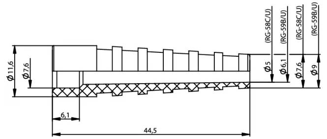 Technische Strichzeichnung eines Steckerverbinders mit Seiten- und Frontansicht, die Schlüsseldimensionen mit den Bezeichnungen 24, 12,4, 44,3, 8,1, 16,2, 23,8 und Gesamtlänge L+50 zeigt.