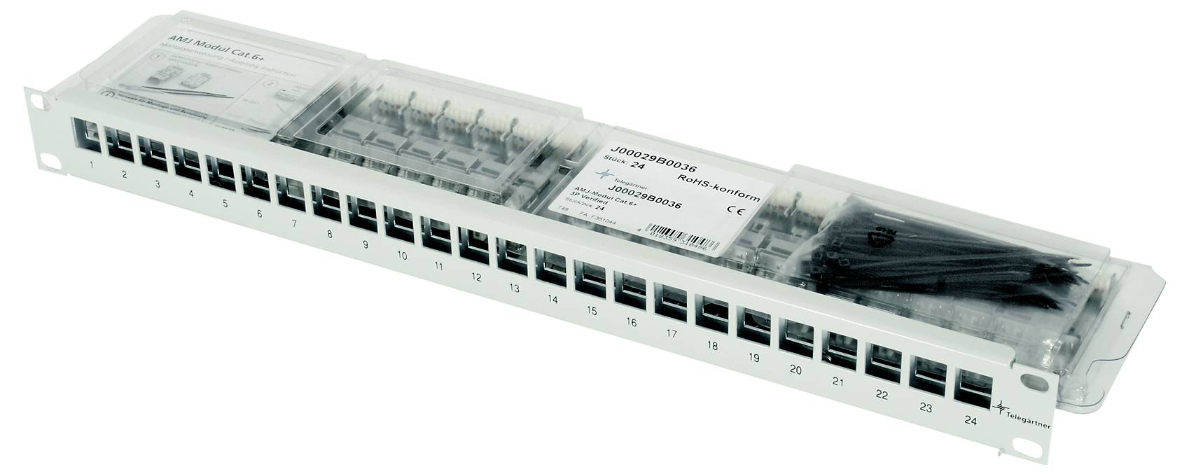 24-Port-Netzwerk-Patchpanel mit beschrifteten Ethernet-Buchsen und gebündelten Kabeln, dargestellt in einem Rack-Mount-Metallgehäuse mit Staubschutzabdeckungen.