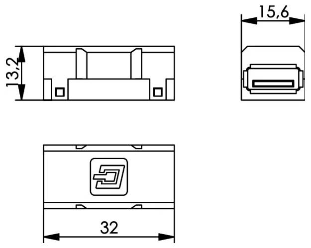 Technical dimension drawing of a rectangular connector, showing front, side, and top views with measurements 32, 15.6, and 13.2.