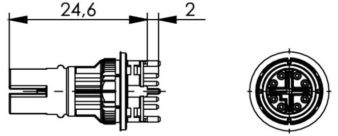 Technisches Verbindungsstück-Diagramm mit Seiten- und Vorderansicht, mit gekennzeichneten Abmessungen 24,6 und 2.