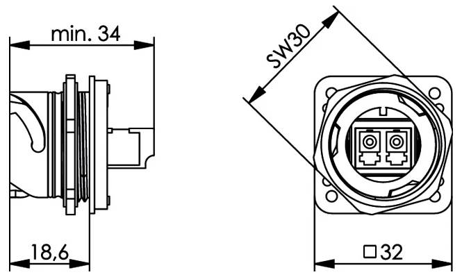Technical drawing of a circular connector, showing side and front views with dimensions: min. 34, 18.6, SW30, and 32 mm.