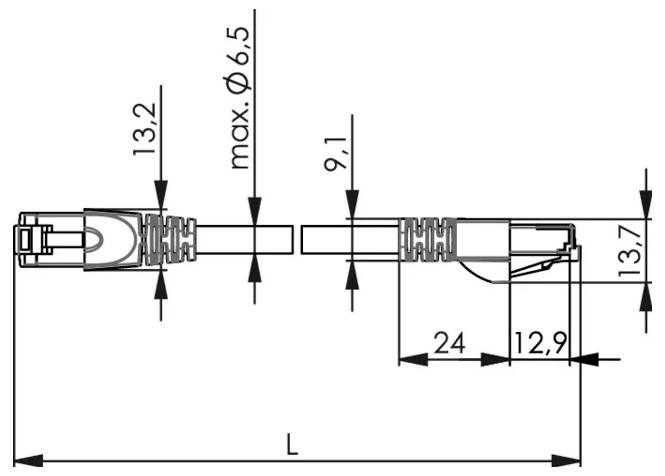 Technische Strichzeichnung eines abgewinkelten Steckverbinders mit Maßbezeichnungen, die Längen L, 24, 12,9, 13,2, 13,7, 9,1 und max. Ø6,5 mm zeigt.