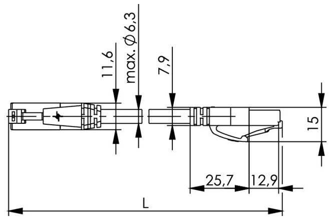 Technische Zeichnung eines Steckverbinders mit Seitenansicht und beschrifteten Abmessungen, einschließlich Länge L, max. Ø6,3 und Maßen von 11,6, 7,9, 25,7, 12,9 und 15 mm.