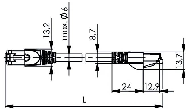 Technische Zeichnung einer Kabel- oder Steckverbinderanordnung mit Bemaßungspfeilen bezeichnet mit L, 24, 12,9, 13,2, 8,7, 13,7 und max. Ø6.