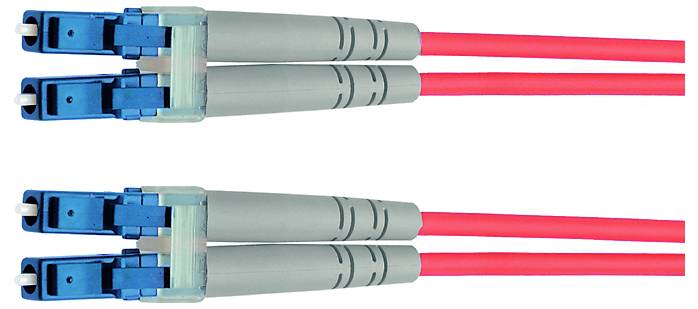 Two blue fiber optic cable connectors with red light-emitting ends, shown twice on a white background.