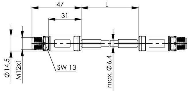 Technische Maßzeichnung einer zylindrischen Steckerverbindung mit Gewinde-Enden, mittlerem Kabel und Maßen 47, L, 31, SW 13, max. Ø 6,4, Ø 14,5 und M12x1.