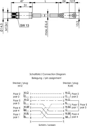 Technische Zeichnung einer Kabelgruppe mit M12 zu RJ45 Stecker Abmessungen und einem Pinbelegungsverbindungsdiagramm für die Paare 1-4 und Schirm.