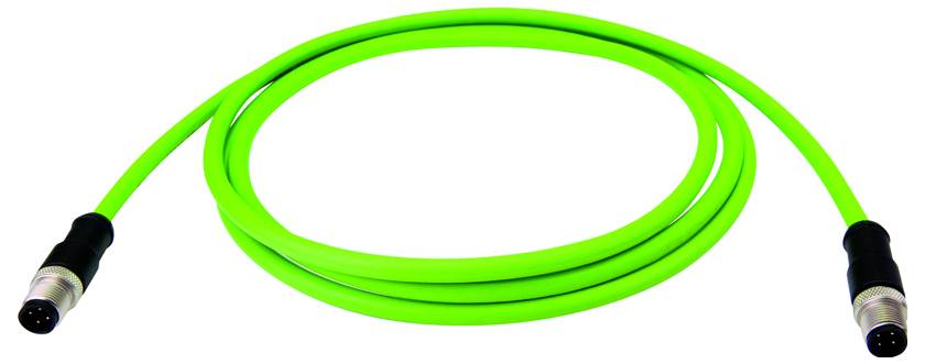 Hellgrünes spiralförmiges Kabel mit schwarzen Metallsteckern an beiden Enden, isoliert auf weißem Hintergrund.