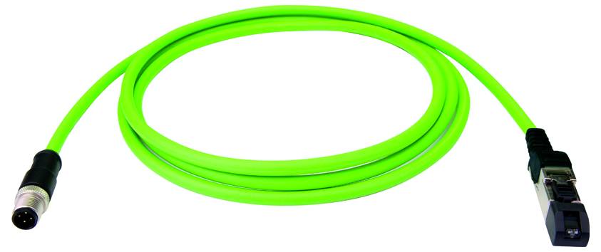 Leuchtend grünes Lichtwellenleiterkabel mit einer Schleife, einem runden Stecker auf der einen Seite und einem Ethernet-Stecker auf der anderen Seite.