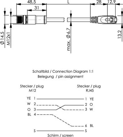 Technische Zeichnung eines M12-zu-RJ45-Stecker-Adapters mit Abmessungen und Schaltschema mit Stiftbelegung und Drahtfarben.