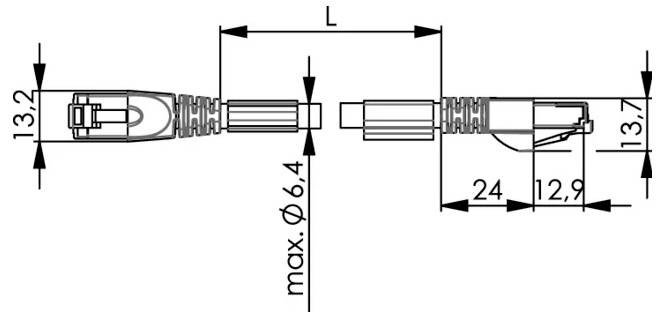 Technical line drawing of a connector cable assembly showing dimensions: length L, max diameter 6.4, and end widths 13.2, 13.7, 24, and 12.9.
