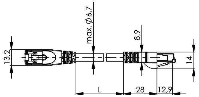 Technical drawing of a connector cable assembly with dimensions labeled 13.2, max. Ø6.7, 8.9, 14, 28, 12.9, and length L.