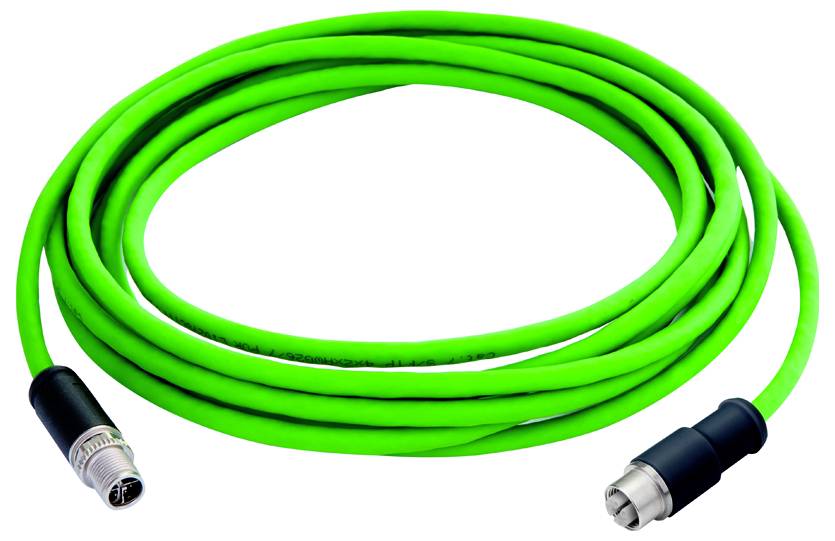 Bright green coiled cable with black metal connectors on both ends, shown on a white background.
