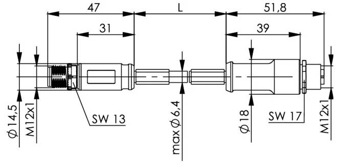 Technische Maßzeichnung eines zylindrischen mechanischen Verbinders/einer Kupplung mit linksseitigen und rechtsseitigen Gewinden, Gesamtlänge L, Durchmessern und Schraubenschlüsselgrößen SW 13 und SW 17.