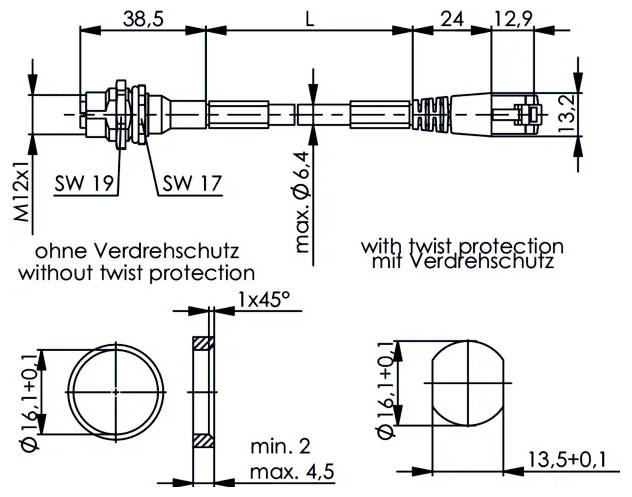 Technische Zeichnung einer Kabelanordnung mit M12x1-Anschluss, Abmessungen und Seitenansichten, die Versionen ohne und mit Verdrehschutz zeigen.