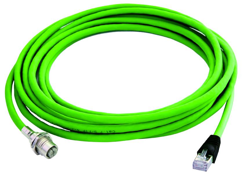 Bright green coiled Ethernet network cable with RJ45 plug on one end and threaded metal connector on the other.