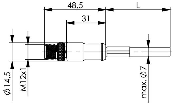 Technical dimension drawing of a threaded cylindrical shaft connector, showing measured lengths 48.5 and 31, M12x1 thread, Ø14.5 body, and max Ø7 shaft.
