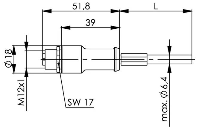 Technical drawing of a cylindrical sensor or connector with dimensions labeled 51.8, 39, M12x1, SW 17, Ø18, and max. Ø6.4, with overall length L.