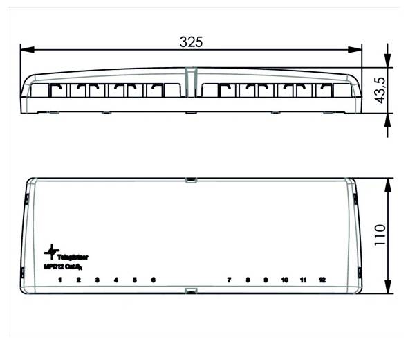Technische Zeichnung eines rechteckigen Geräts in Seiten- und Draufsicht, mit einer Länge von 325 mm, einer Höhe von 43,5 mm und einer Breite von 110 mm, mit nummerierten Anschlüssen/Steckverbindern.