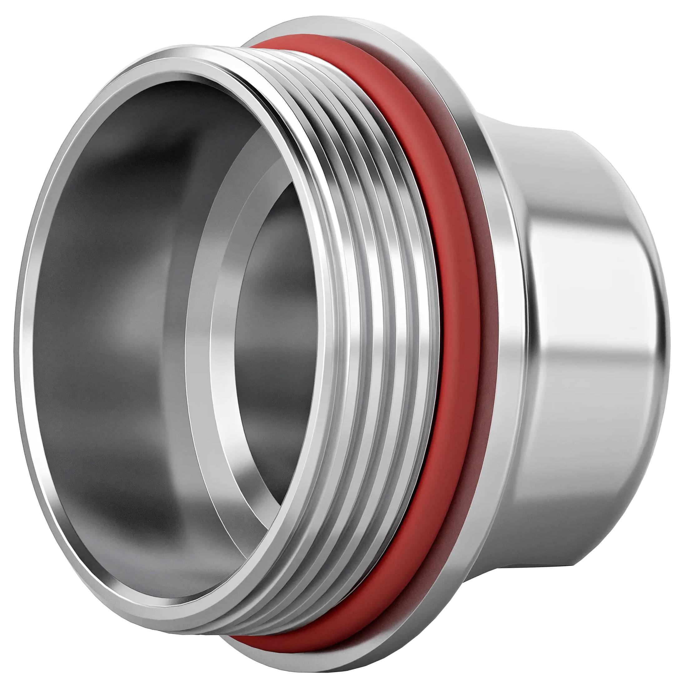 Nahaufnahme einer glänzenden Metallgewinderohrarmatur mit einem roten Dichtungsring, dargestellt auf weißem Hintergrund.