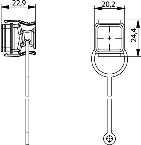 Technical line drawing of a sensor or probe with dimensions labeled 22,9, 20,2, and 24,4 mm shown in side and front views.