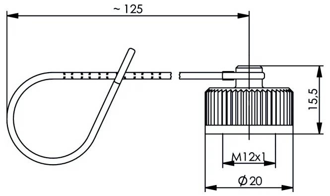 Technische Strichzeichnung einer Drahtschleife und zylindrischen Passung mit Abmessungen: etwa 125 mm lang, 15,5 mm hoch, M12x1 Gewinde und 20 mm Durchmesser.
