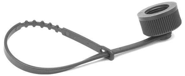 Black plastic tamper-evident pull-tight seal with a looped strap and threaded cap, isolated on a white background.