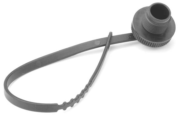 Black plastic tethered cap with strap, used to keep a bottle or container cap attached and prevent loss.