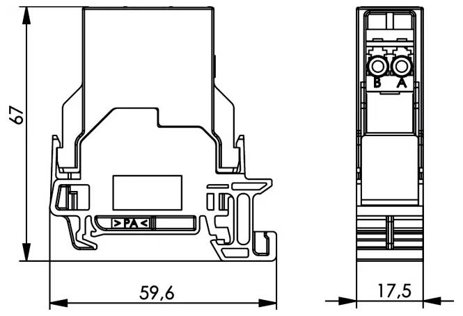 Technische Maßstabzeichnung eines Steckers oder Klemmblocks, dargestellt in Vorder- und Seitenansicht mit Abmessungen von 67 mm Höhe, 59,6 mm Breite und 17,5 mm Tiefe.