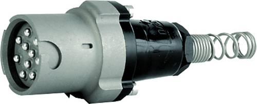 Nahaufnahme eines zylindrischen Metall-Elektrosteckers mit mehreren Buchsenkontakten und einem federbelasteten Rückkontakt.