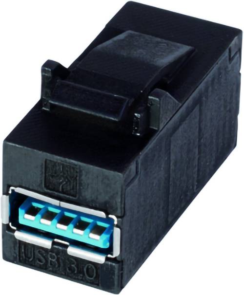 Nahaufnahme eines schwarzen USB-3.0-Buchsenadapters mit blauen Anschlussanschlüssen.