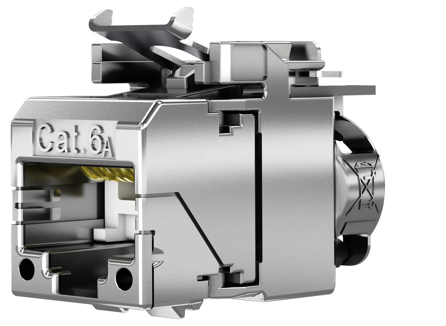 Nahaufnahme eines Cat.6A Ethernet-Keystone-Buchsenconnectors in silberner Metallausführung, isoliert auf weißem Hintergrund dargestellt.