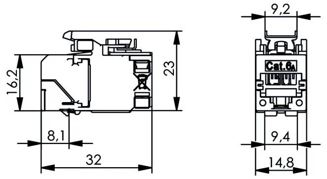 Bemaßte technische Zeichnung eines Cat.5e-Telekommunikations-Rackmoduls mit Vorder- und Seitenansicht, Anschlussfeld-Layout und Gesamtabmessungen von 482,6 x 44 x 137 mm.