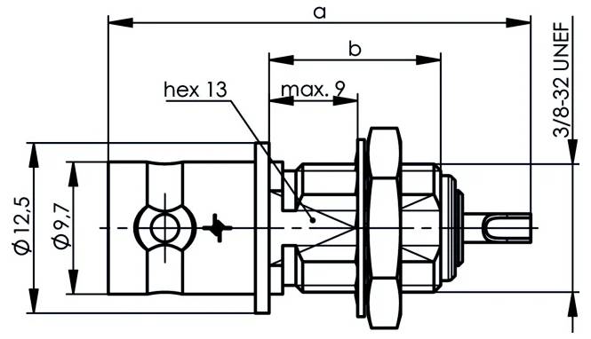 Technische Maßzeichnung eines zylindrischen Steckers mit gekennzeichneten Abmessungen a, b, Sechskant 13, max. 9, Ø12,5, Ø9,7 und 3/8-32 UNEF-Gewinde.