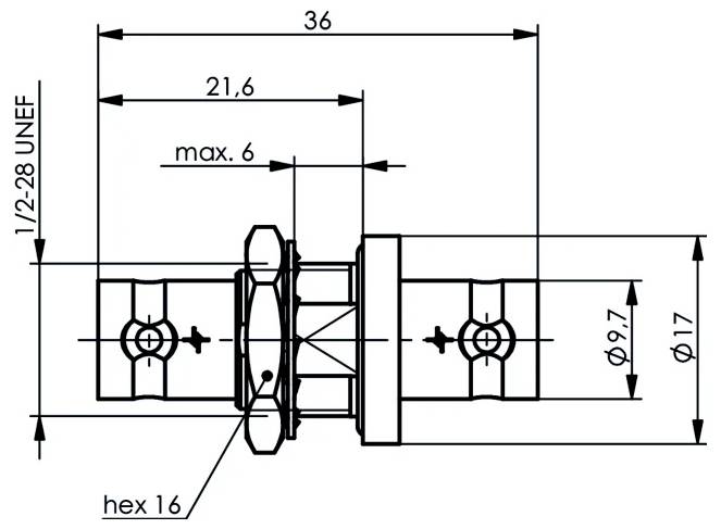 Technische Zeichnung einer Gewinde-Verschraubung, Seitenansicht mit Hauptabmessungen: 36 Gesamtlänge, 21,6, max. 6, Sechskant 16, 1/2-28 UNEF, Ø9,7 und Ø17.